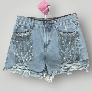 Women’s Denim Shorts sequin fringe Y2K festival concert shorts  chic cowgirl M